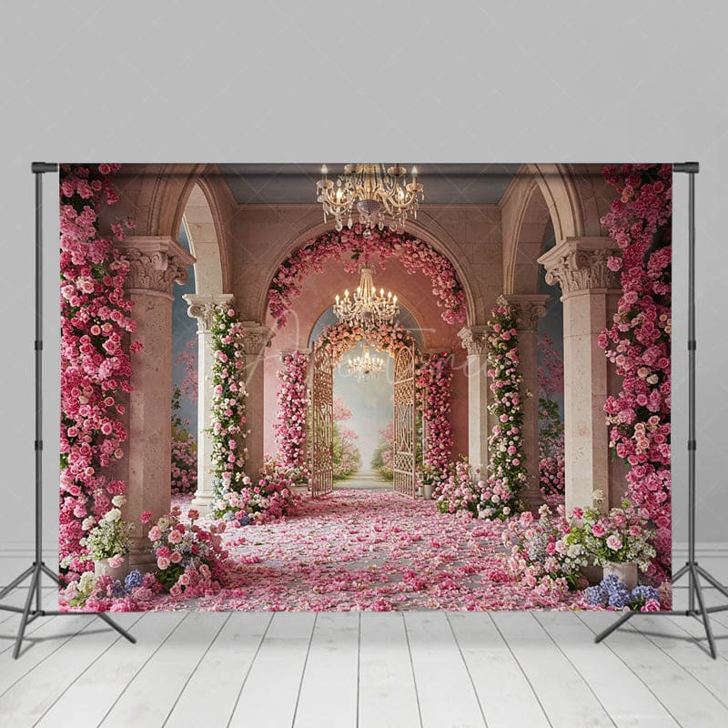 Aperturee - Aperturee Elegant Pink Flowers Palace Sweet Wedding Backdrop