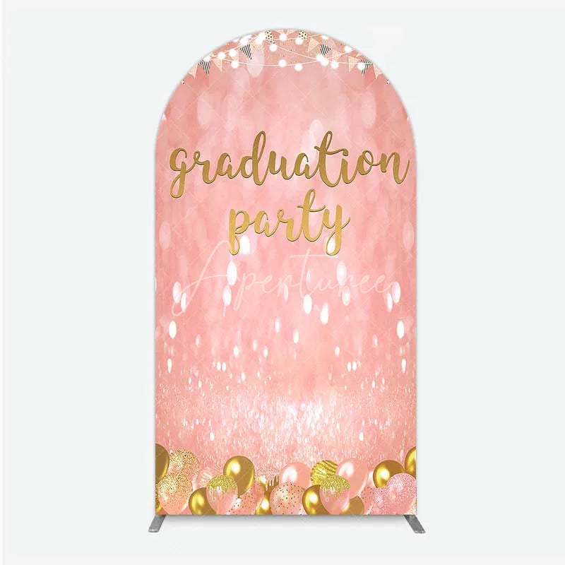 Aperturee - Aperturee Elegant Pink Glitter Graduation Party Arch Backdrop with Gold Balloons String Lights and Banners