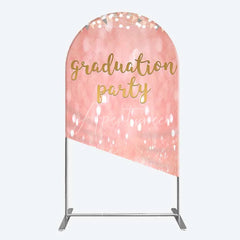 Aperturee - Aperturee Elegant Pink Glitter Graduation Party Arch Backdrop with Gold Balloons String Lights and Banners