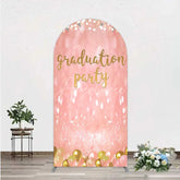 Aperturee - Aperturee Elegant Pink Glitter Graduation Party Arch Backdrop with Gold Balloons String Lights and Banners
