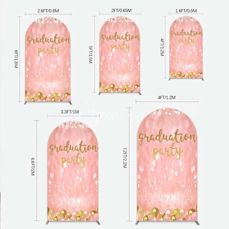 Aperturee - Aperturee Elegant Pink Glitter Graduation Party Arch Backdrop with Gold Balloons String Lights and Banners