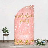 Aperturee - Aperturee Elegant Pink Glitter Graduation Party Half Moon Arch Backdrop with Gold Balloons String Lights and Banners