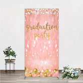 Aperturee - Aperturee Elegant Pink Glitter Graduation Party Rectangle Backdrop with Gold Balloons String Lights and Banners