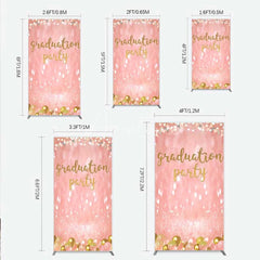 Aperturee - Aperturee Elegant Pink Glitter Graduation Party Rectangle Backdrop with Gold Balloons String Lights and Banners