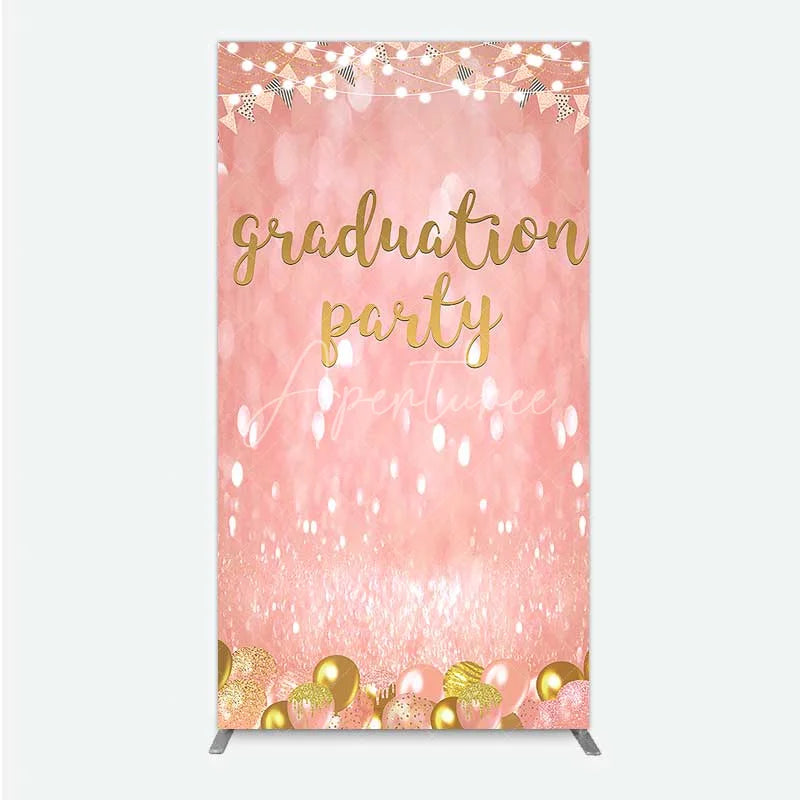Aperturee - Aperturee Elegant Pink Glitter Graduation Party Rectangle Backdrop with Gold Balloons String Lights and Banners