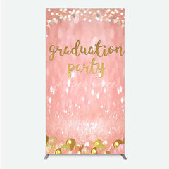 Aperturee - Aperturee Elegant Pink Glitter Graduation Party Rectangle Backdrop with Gold Balloons String Lights and Banners