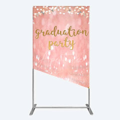 Aperturee - Aperturee Elegant Pink Glitter Graduation Party Rectangle Backdrop with Gold Balloons String Lights and Banners