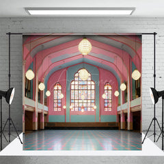 Aperturee - Aperturee Elegant Pink Green Dance Hall Architecture Backdrop