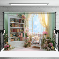 Aperturee - Aperturee Elegant Pink Library Photography Backdrop Bookshelf with Floral Arch Fairytale Wedding Photo Background