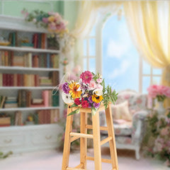 Aperturee - Aperturee Elegant Pink Library Photography Backdrop Bookshelf with Floral Arch Fairytale Wedding Photo Background