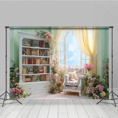 Aperturee - Aperturee Elegant Pink Library Photography Backdrop Bookshelf with Floral Arch Fairytale Wedding Photo Background