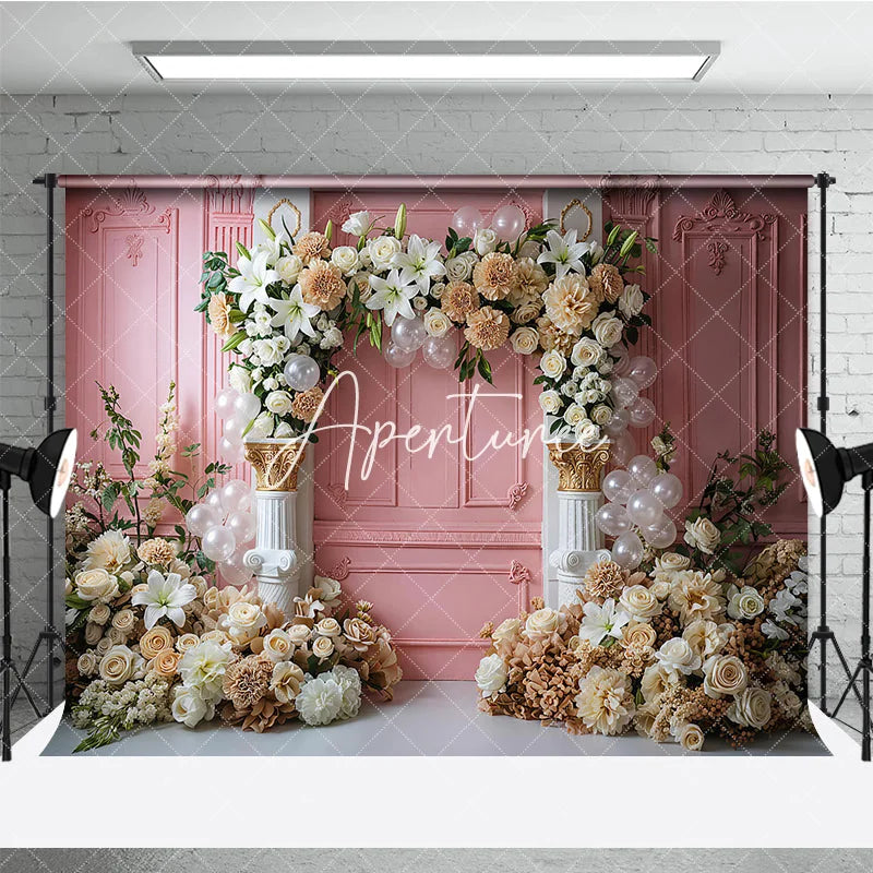 Aperturee - Aperturee Elegant Pink Paneled Wall Photography Backdrop with Lilies Cream Roses and Beige Dahlias Floral Arch Classical Columns