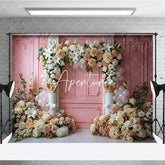 Aperturee - Aperturee Elegant Pink Paneled Wall Photography Backdrop with Lilies Cream Roses and Beige Dahlias Floral Arch Classical Columns