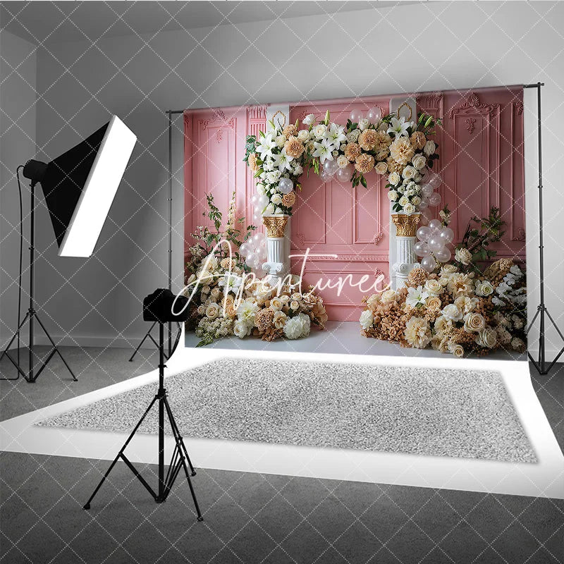 Aperturee - Aperturee Elegant Pink Paneled Wall Photography Backdrop with Lilies Cream Roses and Beige Dahlias Floral Arch Classical Columns
