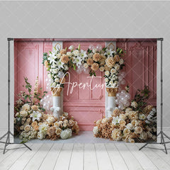 Aperturee - Aperturee Elegant Pink Paneled Wall Photography Backdrop with Lilies Cream Roses and Beige Dahlias Floral Arch Classical Columns