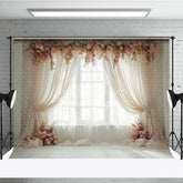 Aperturee - Aperturee Elegant Pink Peach Floral Window Photography Backdrop with Sheer Curtains Romantic Portrait Wedding Decor