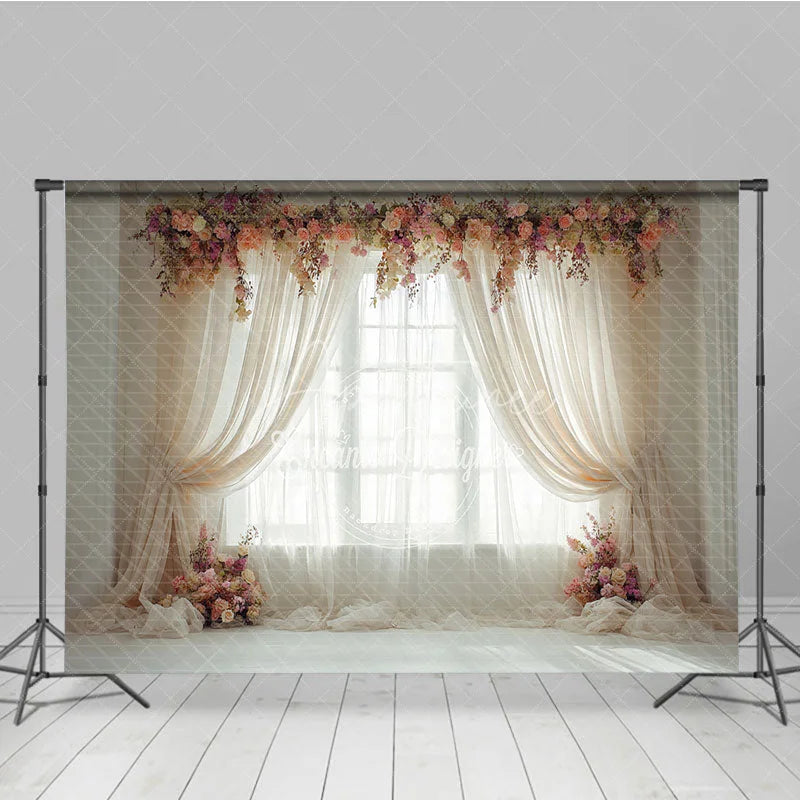 Aperturee - Aperturee Elegant Pink Peach Floral Window Photography Backdrop with Sheer Curtains Romantic Portrait Wedding Decor