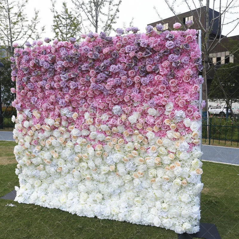 Aperturee - Aperturee Elegant Pink Purple and White Ombre Artificial Flower Wall Romantic Floral Backdrop for Wedding Party Decor