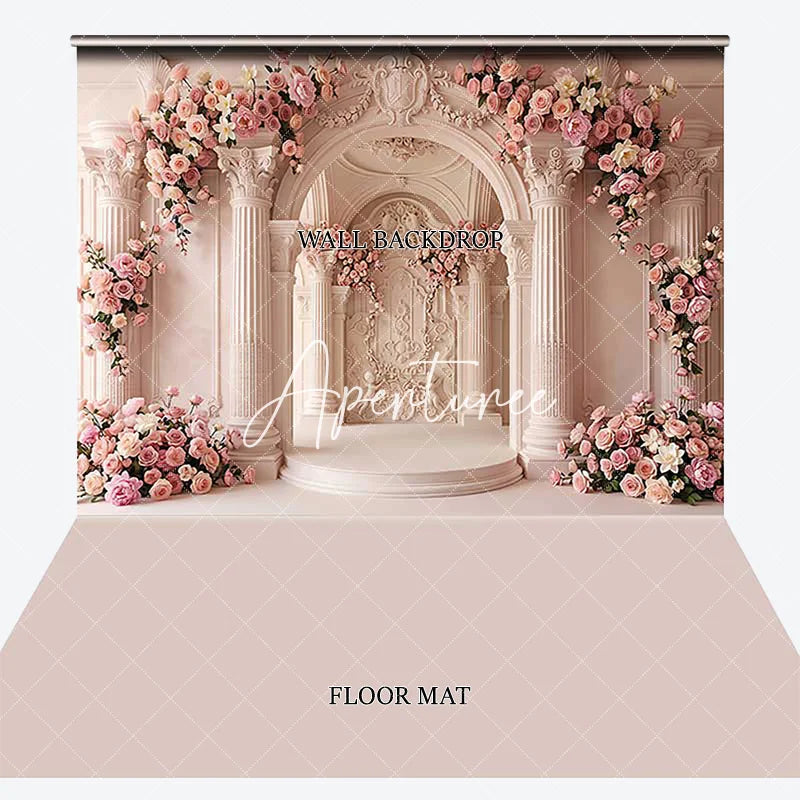 Aperturee - Aperturee Elegant Pink Rose Floral Arch Column Palace Combo Set Backdrop Romantic Wedding Bridal Shower Photography