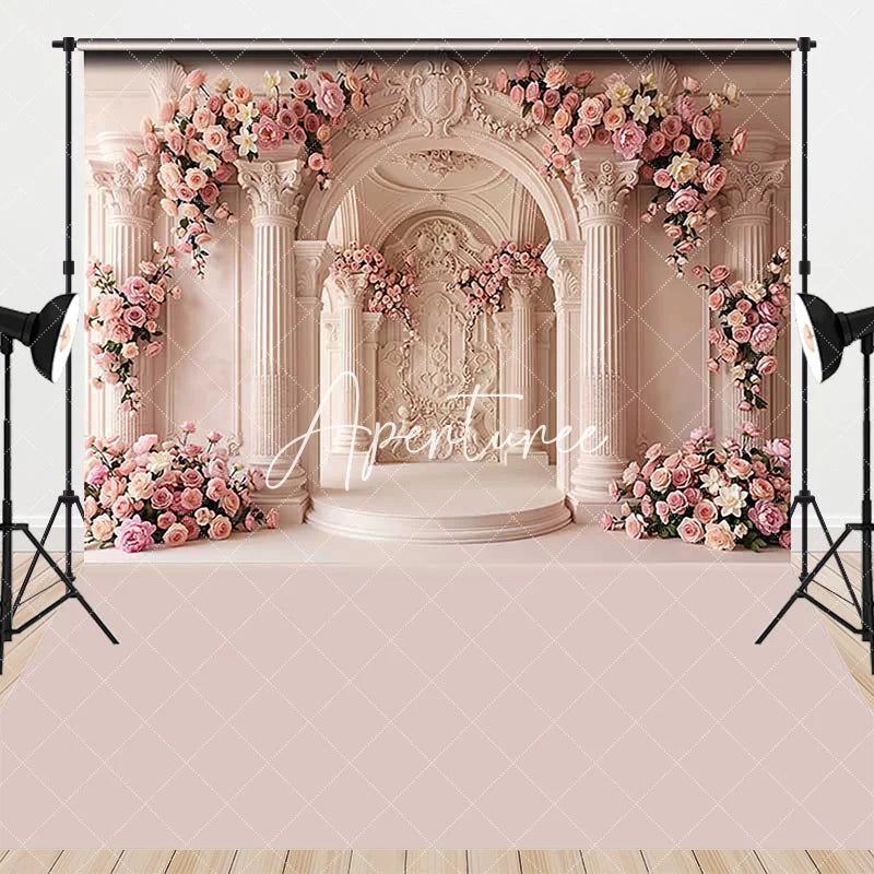 Aperturee - Aperturee Elegant Pink Rose Floral Arch Column Palace Combo Set Backdrop Romantic Wedding Bridal Shower Photography