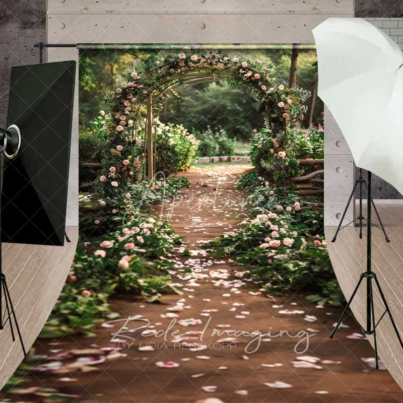 Aperturee - Aperturee Elegant Pink Rose Floral Arch Wedding Aisle Backdrop Romantic Garden Ceremony Photography