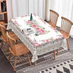 Aperturee - Aperturee Elegant Pink Rose Floral Rectangle Tablecloth with Lace Border for Wedding Bridal Shower or Shabby Chic Decor