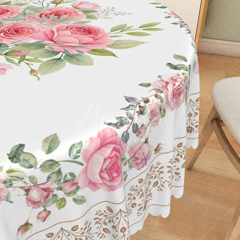 Aperturee - Aperturee Elegant Pink Rose Floral Round Tablecloth with Lace Border for Wedding Bridal Shower or Shabby Chic Decor
