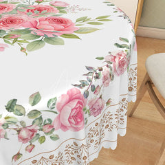 Aperturee - Aperturee Elegant Pink Rose Floral Round Tablecloth with Lace Border for Wedding Bridal Shower or Shabby Chic Decor