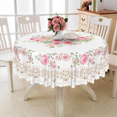 Aperturee - Aperturee Elegant Pink Rose Floral Round Tablecloth with Lace Border for Wedding Bridal Shower or Shabby Chic Decor