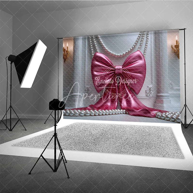 Aperturee - Aperturee Elegant Pink Satin Bow and Pearls Photography Backdrop White Ornate Wall with Gold Sconces for Birthday Party