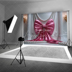 Aperturee - Aperturee Elegant Pink Satin Bow and Pearls Photography Backdrop White Ornate Wall with Gold Sconces for Birthday Party