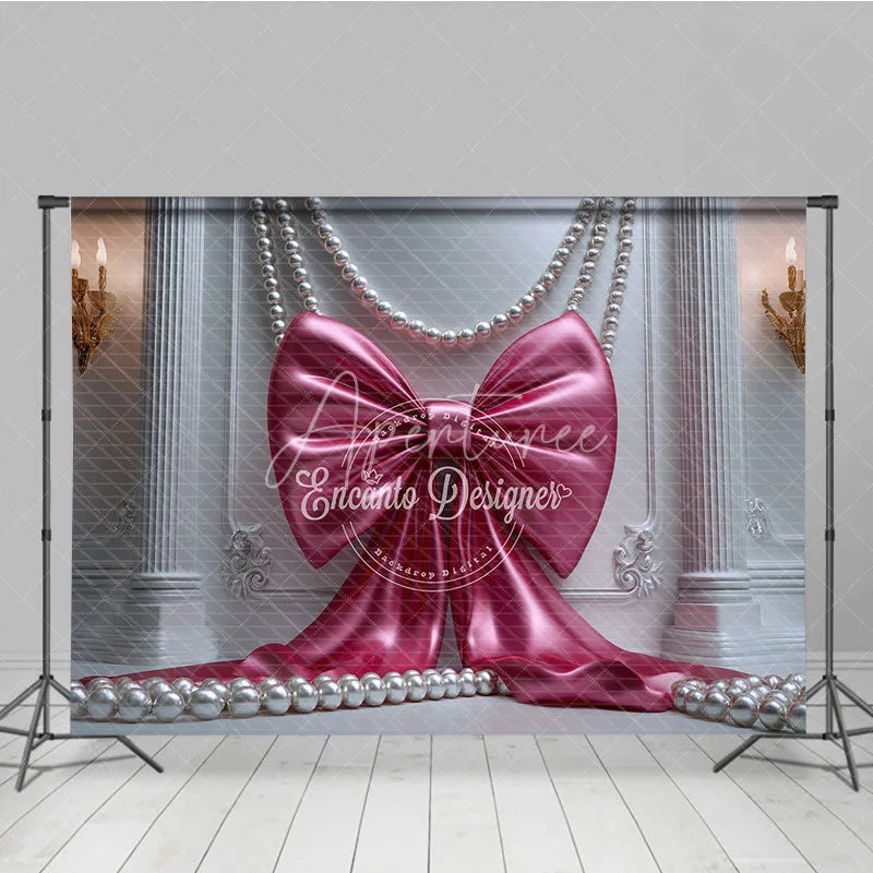 Aperturee - Aperturee Elegant Pink Satin Bow and Pearls Photography Backdrop White Ornate Wall with Gold Sconces for Birthday Party