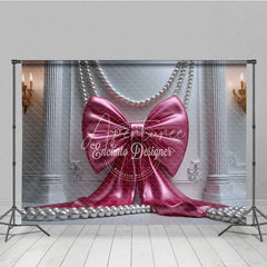 Aperturee - Aperturee Elegant Pink Satin Bow and Pearls Photography Backdrop White Ornate Wall with Gold Sconces for Birthday Party