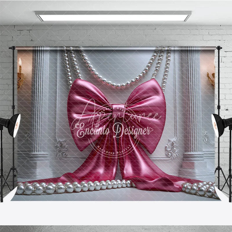Aperturee - Aperturee Elegant Pink Satin Bow and Pearls Photography Backdrop White Ornate Wall with Gold Sconces for Birthday Party