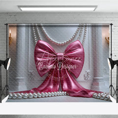Aperturee - Aperturee Elegant Pink Satin Bow and Pearls Photography Backdrop White Ornate Wall with Gold Sconces for Birthday Party