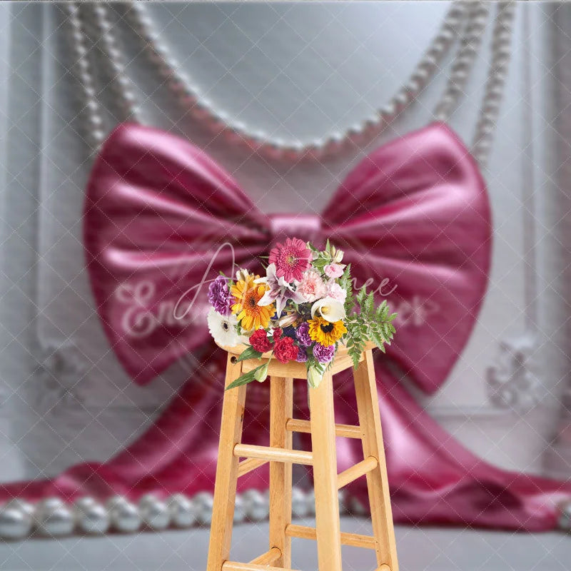 Aperturee - Aperturee Elegant Pink Satin Bow and Pearls Photography Backdrop White Ornate Wall with Gold Sconces for Birthday Party