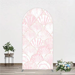 Aperturee - Aperturee Elegant Pink Scallop Shell Pattern Round Top Arch Backdrop with Golden Outline for Mermaid Theme Party Decor