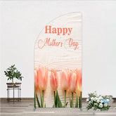 Aperturee - Aperturee Elegant Pink Tulips Happy Mother’s Day Half Moon Arch Backdrop Floral Spring Celebration Decor