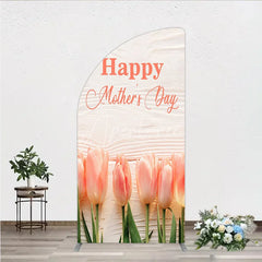 Aperturee - Aperturee Elegant Pink Tulips Happy Mother’s Day Half Moon Arch Backdrop Floral Spring Celebration Decor