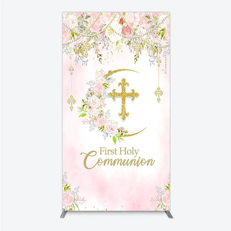 Aperturee - Aperturee Elegant Pink Watercolor First Holy Communion Rectangle Arch Backdrop with Gold Glitter Cross and Floral Wreath
