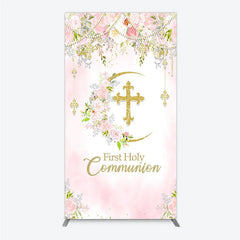 Aperturee - Aperturee Elegant Pink Watercolor First Holy Communion Rectangle Arch Backdrop with Gold Glitter Cross and Floral Wreath