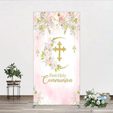 Aperturee - Aperturee Elegant Pink Watercolor First Holy Communion Rectangle Arch Backdrop with Gold Glitter Cross and Floral Wreath