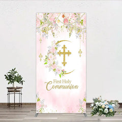 Aperturee - Aperturee Elegant Pink Watercolor First Holy Communion Rectangle Arch Backdrop with Gold Glitter Cross and Floral Wreath