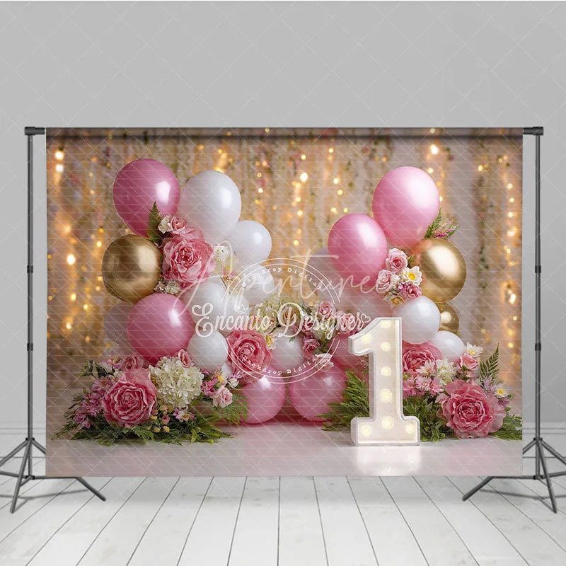 Aperturee - Aperturee Elegant Pink White Gold Balloons and Roses First Birthday Photography Backdrop Dreamy Bokeh Lights Party Decor