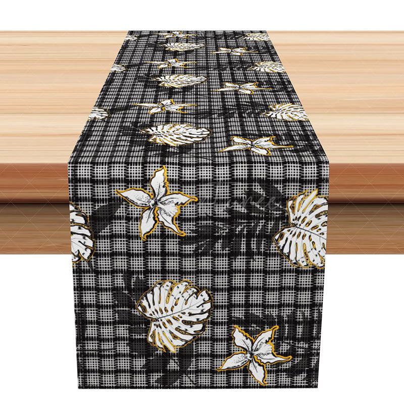 Aperturee - Aperturee Elegant Plaid Table Runner with Black and Gold Palm Leaves for Modern Glam and Holiday Dining Decor