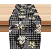 Aperturee - Aperturee Elegant Plaid Table Runner with Black and Gold Palm Leaves for Modern Glam and Holiday Dining Decor