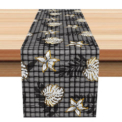 Aperturee - Aperturee Elegant Plaid Table Runner with Black and Gold Palm Leaves for Modern Glam and Holiday Dining Decor