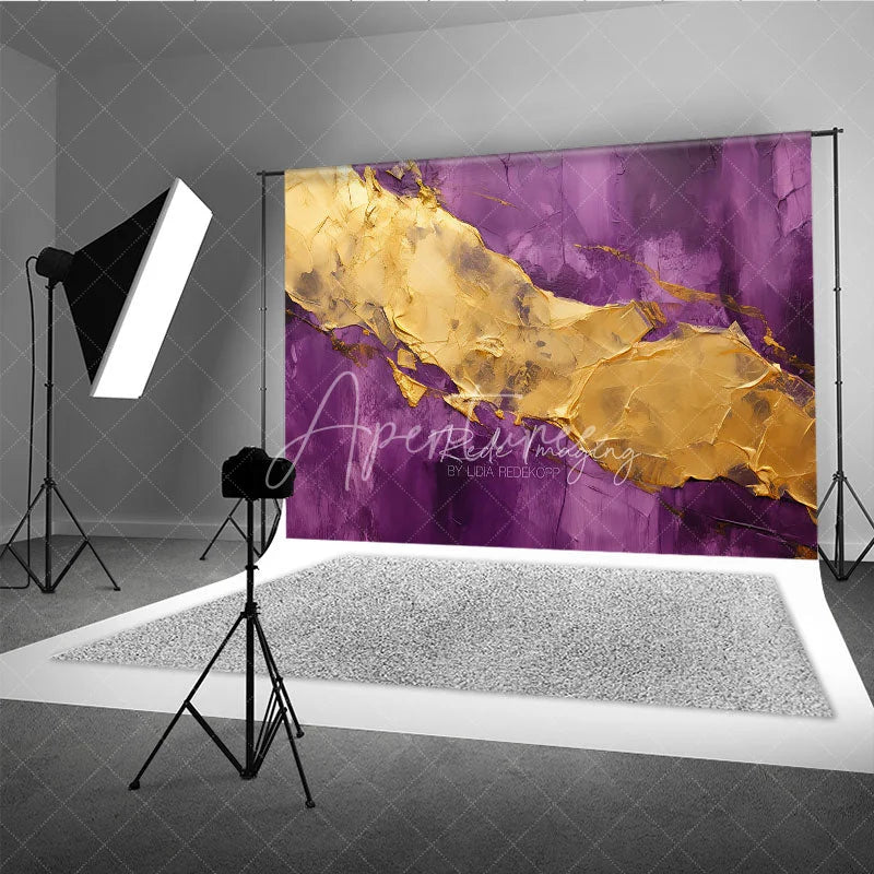 Aperturee - Aperturee Elegant Purple and Gold Abstract Texture Photography Backdrop Artistic Luxury Studio Photo Prop for Portraits