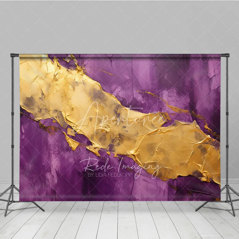 Aperturee - Aperturee Elegant Purple and Gold Abstract Texture Photography Backdrop Artistic Luxury Studio Photo Prop for Portraits