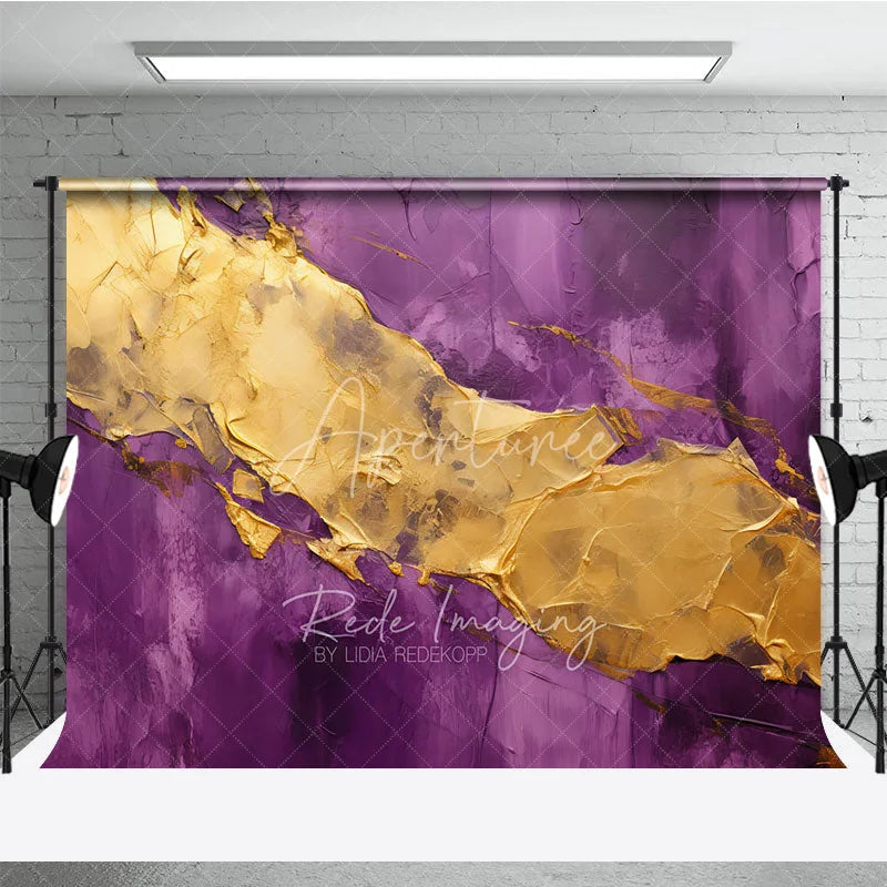 Aperturee - Aperturee Elegant Purple and Gold Abstract Texture Photography Backdrop Artistic Luxury Studio Photo Prop for Portraits